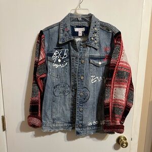 Scripted Distressed Denim and Plaid Women's Jacket
